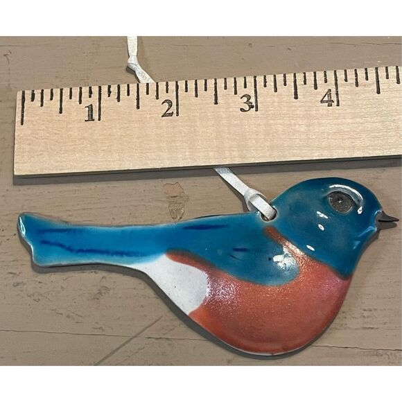 Wayne Village Pottery Bluebird Hanging Ornament  Blue Brown Maine Clay 5"x3" - Picture 6 of 6